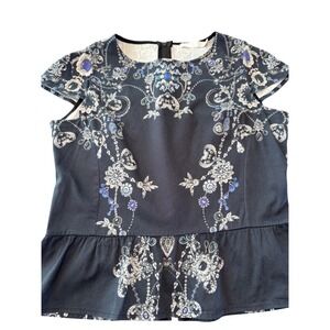 Anne Fontaine Saya Black Jewel Print Peplum Top Cap Sleeve Cotton Blouse 42